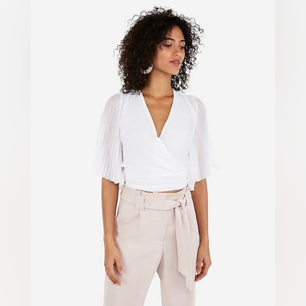 Express Pleated Kimono Sleeve Surplice Wrap White Blouse